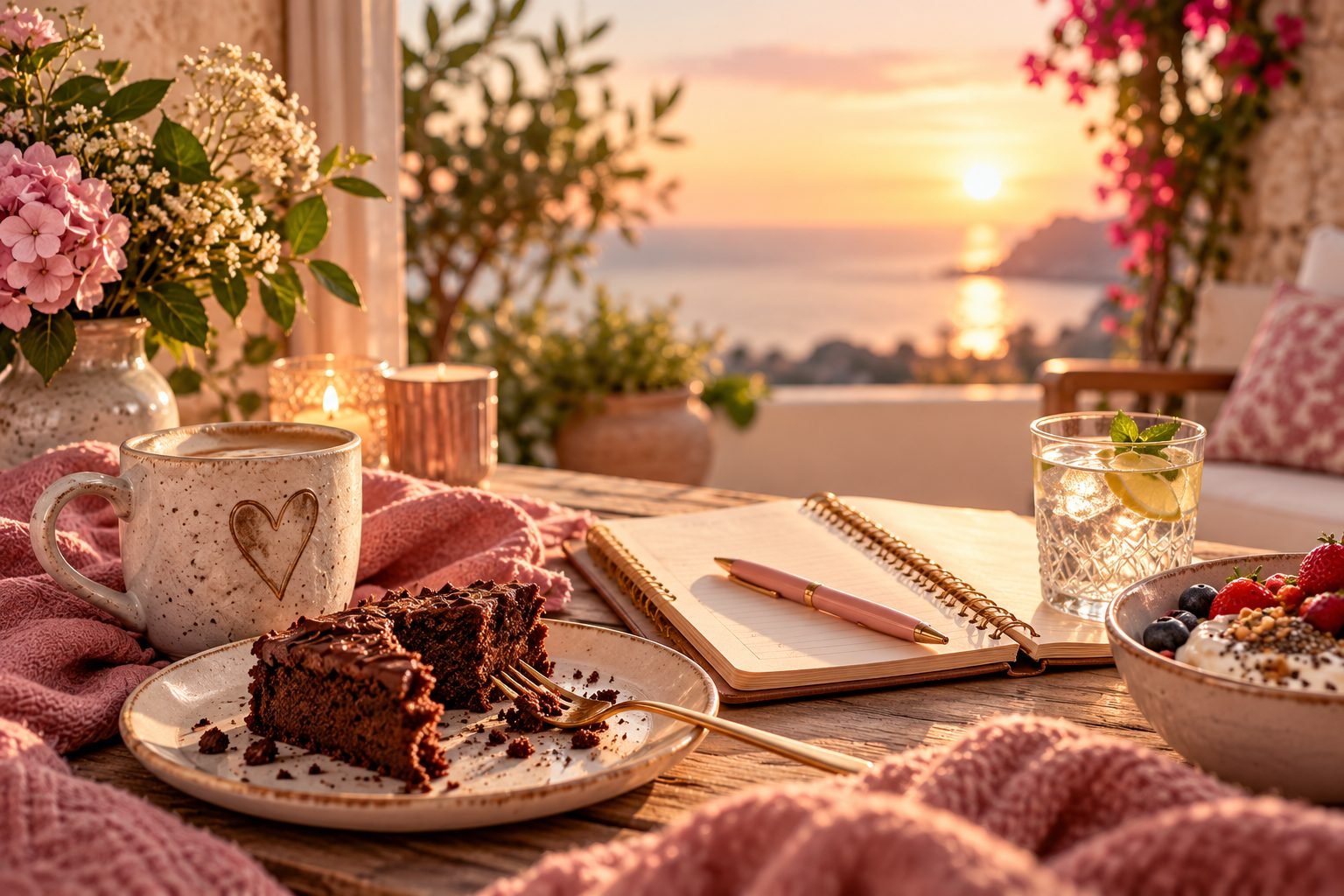 Coffee, chocolate cake and a notebook on a table at sunset