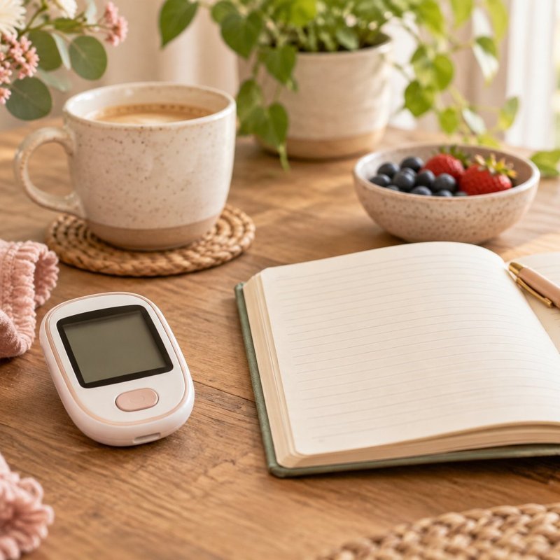 My blood sugar meter and notebook