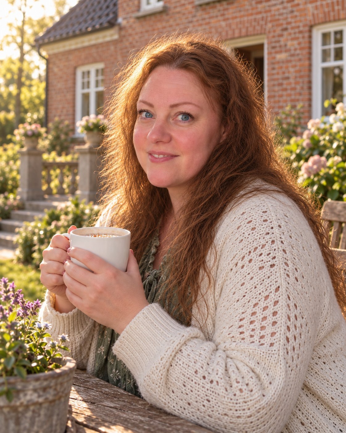 Mia with a coffee outside her home