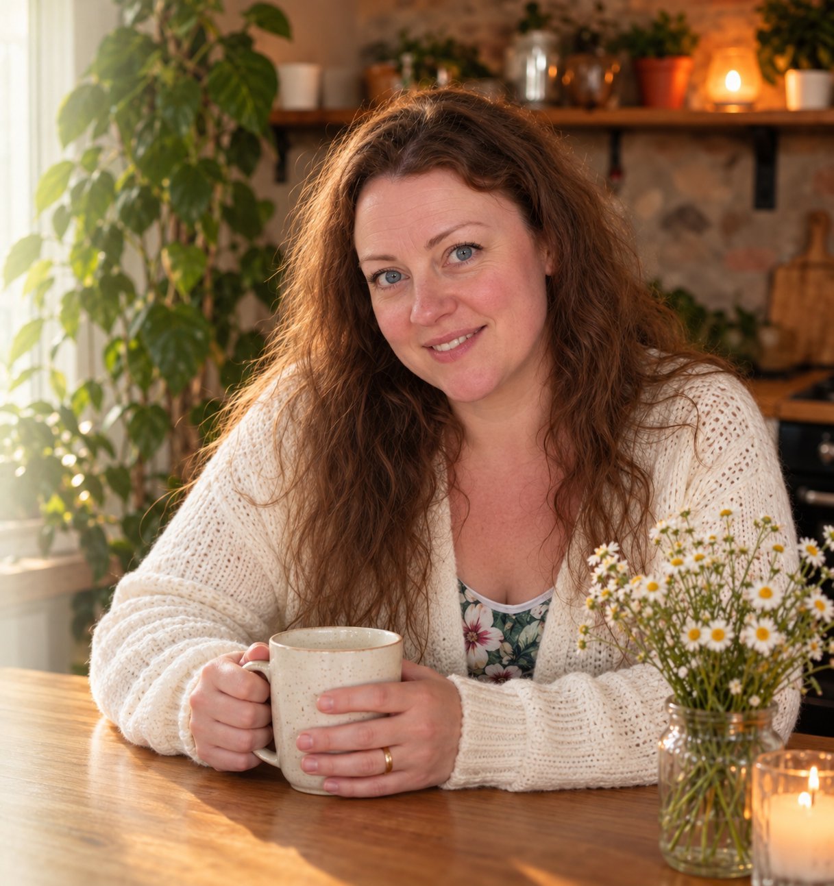 Mia with a cup of coffee at the kitchen table