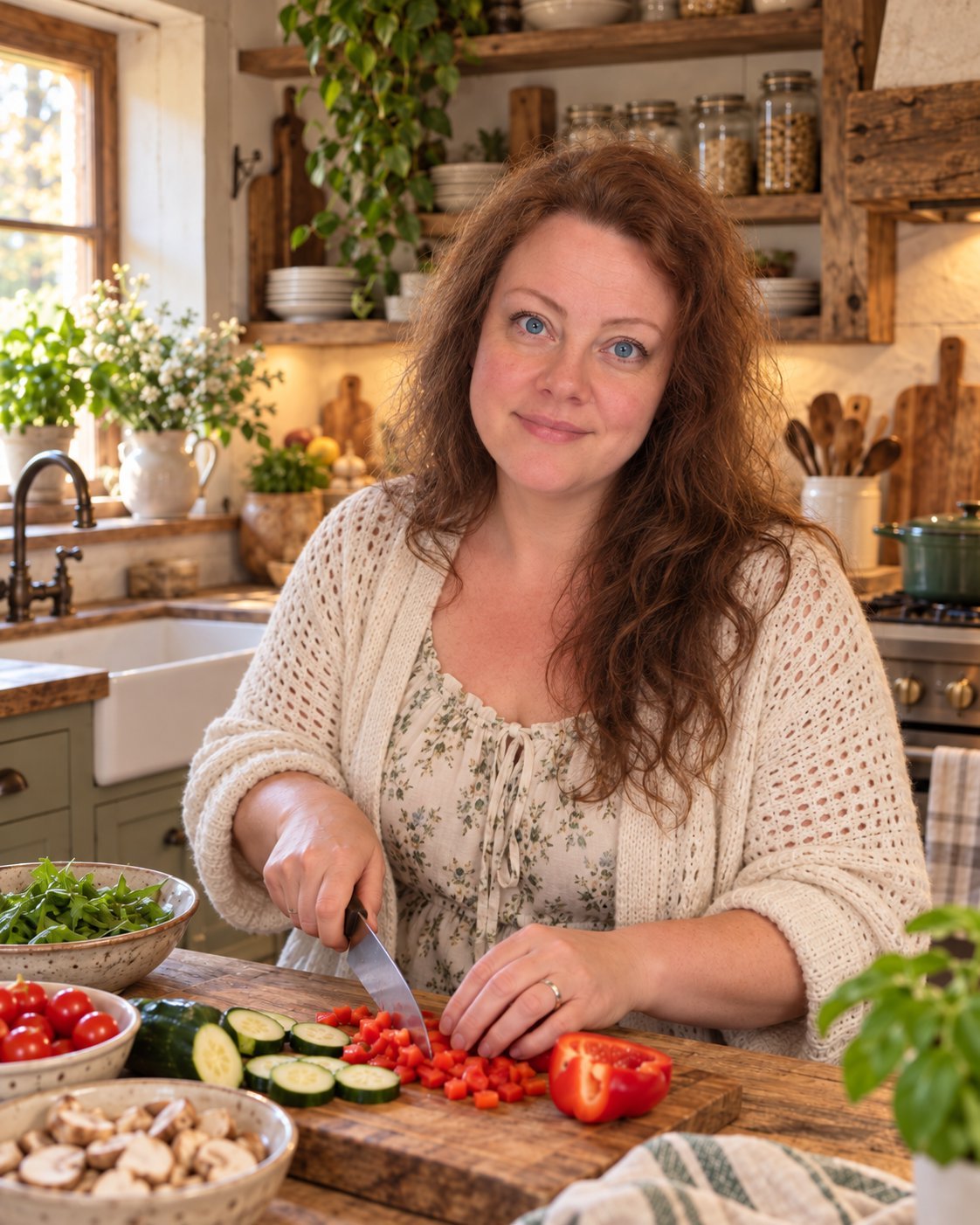 Mia chopping vegetables in her kitchen