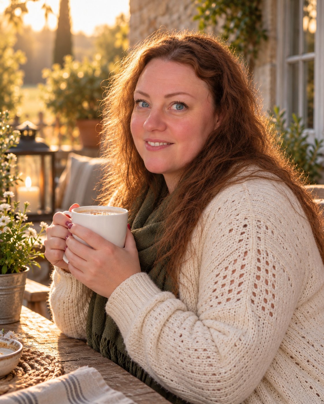 Mia with a cup of coffee outside