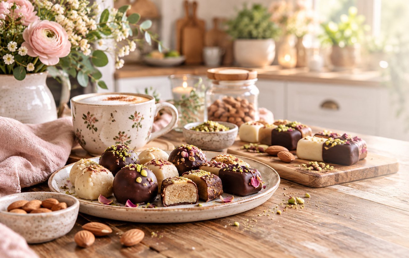 Homemade low carb treats and coffee on the kitchen table